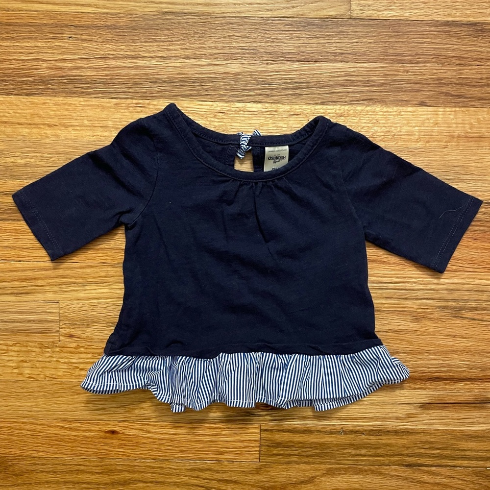 Oshkosh Baby Navy Long Sleeve Tshirt with Blue and White Striped Trim, Size 9M